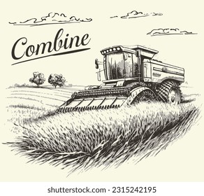 combine harvester sketch hand drawn Farming and cattle breeding vector illustration.