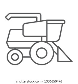 Combine harvester thin line icon, agriculture and farm, vehicle sign, vector graphics, a linear pattern on a white background, eps 10.