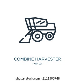icono de la línea delgada del cosechador. agricultura, íconos lineales agrícolas del concepto de conjunto de granjas, signo de contorno aislado. Elemento de símbolo de ilustración vectorial para diseño web y aplicaciones.