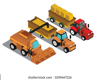 Combine harvester and tractor 3d isometric view