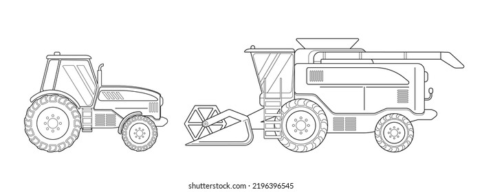 Combine harvester and tractor. Agriculture industrial farm equipment machinery. Agricultural vehicle vector outlined illustration. Commercial transport isolated on white.