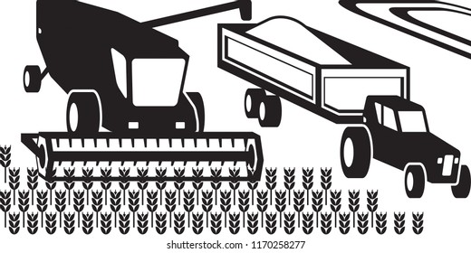 Combine harvester and tractor in the field - vector illustration