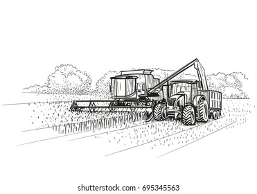 Combine Harvester and tractor at work. Vector. svg