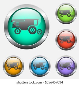 combine harvester vector icon on color glass buttons
