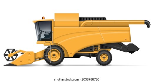 Combine harvester vector illustration view from side isolated on white background. Agricultural and farmers vehicle mockup. All elements in the groups for easy editing and recolor