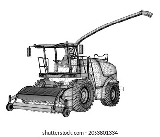Combine harvester wireframe from black lines isolated on white background. 3D. Vector illustration svg