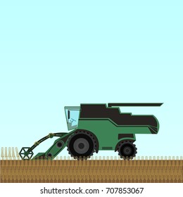 Combine harvester working in field. Flat vector stock illustration