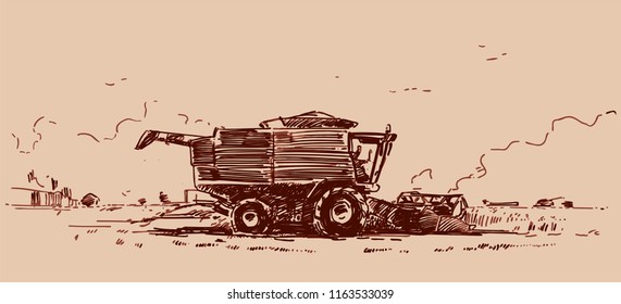 Combine harvester working in the field. Hand drawn sketch