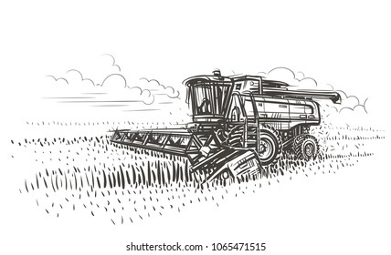 Combine harvester working sketch illustration. Vector. svg