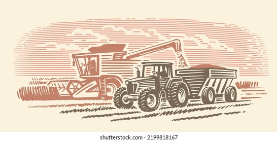Combine harvester working with tractor. Sketch svg