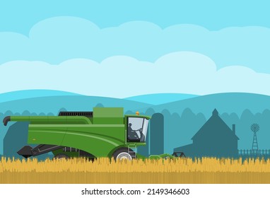 Combine harvester works on the harvest of wheat. Vector image of a landscape with agricultural machinery and village