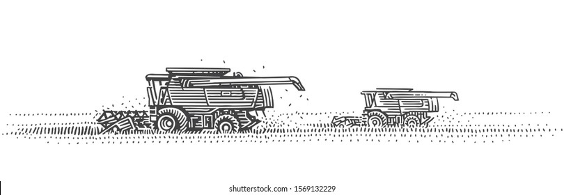 Combine harvesters working in field. Harvesting engraving style illustration. Vector.  svg