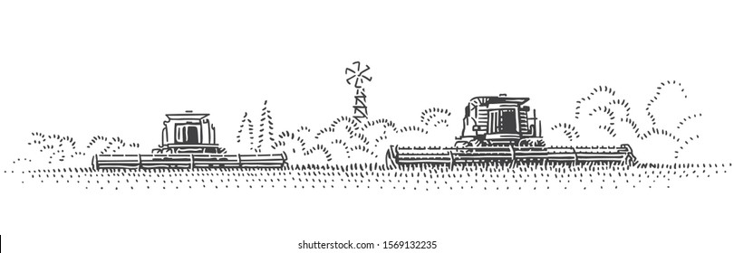 Combine harvesters working in field. Harvesting engraving style illustration. Combine harvesters in countryside drawing. Vector.  svg