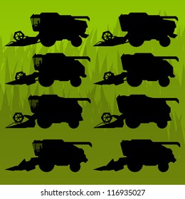 Combine harvesting crop wheat, barley, rye, oats and corn grain fields in background vector silhouette illustration