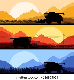 Combine harvesting crop wheat, barley, rye, oats and corn grain fields in background vector silhouette illustration