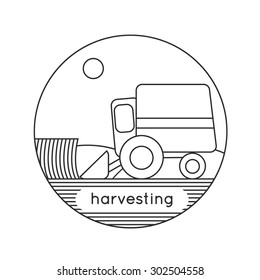 Combine reaps grain vector logo design. Line drawing. Farm Harvesting, agriculture. Flat design vector illustration