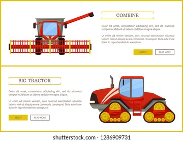Combine and tractor agriculture vehicles for farming. Farm devices and machinery for field and crops harvesting. Transports used in husbandry vector