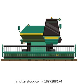 Combine, wheat harvesting farm machine icon, flat vector illustration isolated on white background. Green wheat harvester. Harvesting equipment, heavy agriculture machinery.