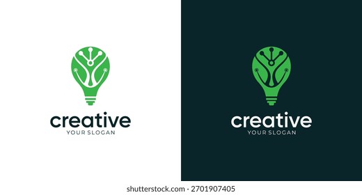Combined Abstract of Green Leaf in Light Bulb with Connected Lines Dots Technology. Logo Design Vector Ideas.	