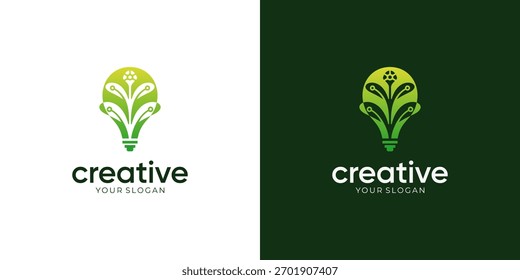 Combinado Abstractas de hoja verde en bombilla con líneas conectadas Tecnología de puntos. Ideas de Vector de diseño de logotipo.	