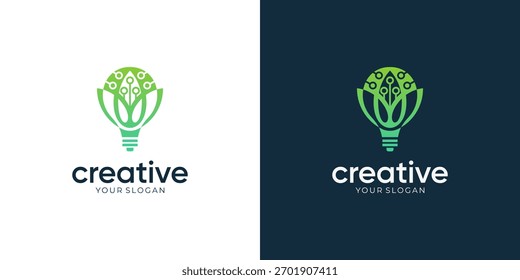 Combined Abstract of Green Leaf in Light Bulb with Connected Lines Dots Technology. Logo Design Vector Ideas.	
