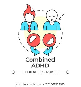 Icono combinado del concepto del multi color del adhd. Déficit de atención, control del sentimiento. Comunicación social. Ilustración de línea de forma redonda. Abstractas idea. Diseño gráfico. Fácil de usar en el poste del blog, folleto