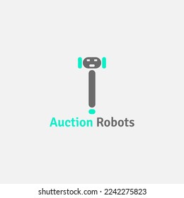Ein kombinierter Auktionshammer und Roboter-Gesichtslogo.