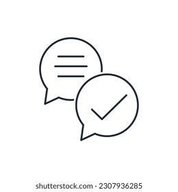 Combined dialog boxes with text and a check mark. Useful explanation, information.Vector linear icon isolated on white background.