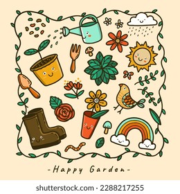 Combined elements in the garden. Cute hand drawn doodle illustration on background with the plants, flowers, rainbow, sun and garden tools.