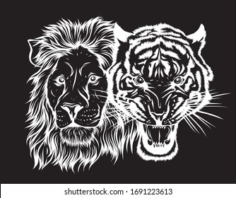 Combined faces of lion and tiger in black background