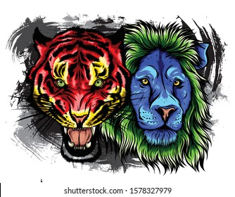 Combined faces of lion and tiger. vector illustration