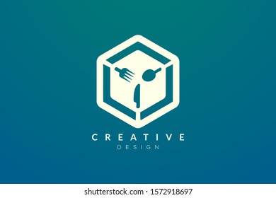 Combined fork, spoon, knife, hexagon design. Modern minimalist and elegant vector illustration. Can be used for restaurant icon or logo