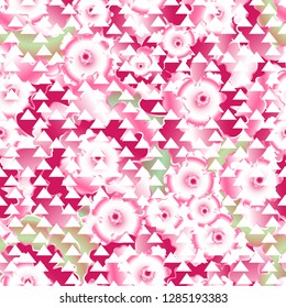 Combined geometric and floral vector seamless pattern. Hand drawn gradient abstract flowers and white triangles . Background for textile, wallpaper, wrapping, cover, web, card, carton, print, banner.