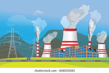 Combined heat and power station or thermal power plant scenery. Industry air pollution. All types of power stations. System with transmission tower and generator and Cooling tower