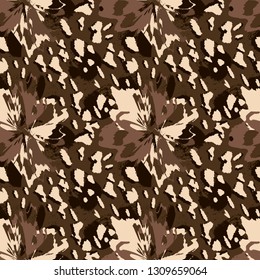 Combined leopard and floral vector seamless pattern. Abstract spots and flowers on brown background for design, textile, wallpaper, wrapping, cover page, web site, card, carton, print, banner.