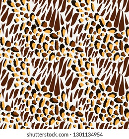Combined leopard and zebra style vector seamless pattern. Abstract spots and stripes on white background for design, textile, wallpaper, wrapping, cover page, web site, card, carton, print, banner.