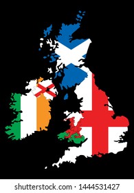 Combined Maps and Flags of United Kingdom and Ireland on Black Background