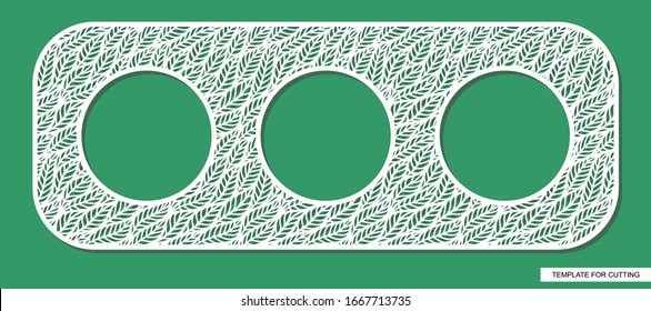 Combined oval frame for three round photos. White floral ornament with a pattern of leaves on a green background. Template for laser cutting, metal engraving, wood carving, paper cut and printing.