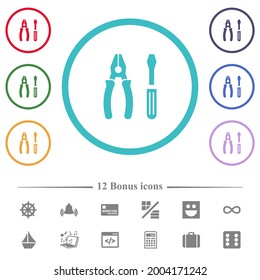 Combined pliers and screwdriver flat color icons in circle shape outlines. 12 bonus icons included.