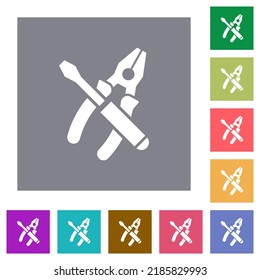 Combined pliers and screwdriver flat icons on simple color square backgrounds