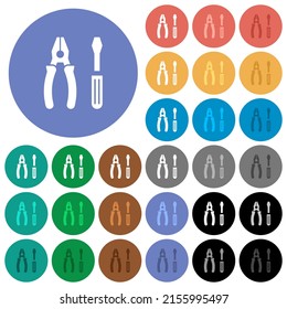 Kombinierte Zange und Schraubendreher mehrfarbige Flachsymbole auf runden Hintergründen. Einschließlich der Variationen von weißen, hellen und dunklen Symbolen für Hover- und Active Status-Effekte und Bonusfarben.