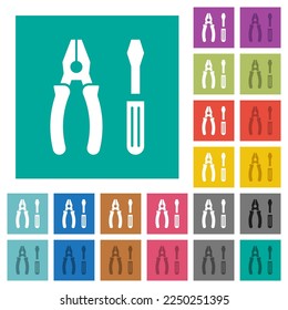 Combined pliers and screwdriver multi colored flat icons on plain square backgrounds. Included white and darker icon variations for hover or active effects.