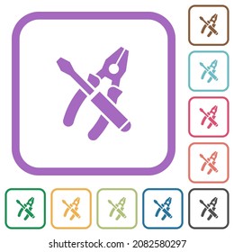 Combined pliers and screwdriver simple icons in color rounded square frames on white background