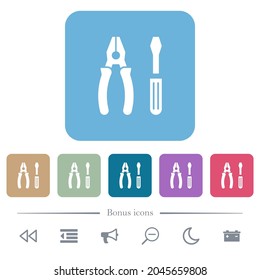 Combined pliers and screwdriver white flat icons on color rounded square backgrounds. 6 bonus icons included