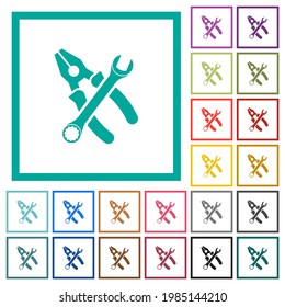 Combined pliers and wrench in crossed position flat color icons with quadrant frames on white background