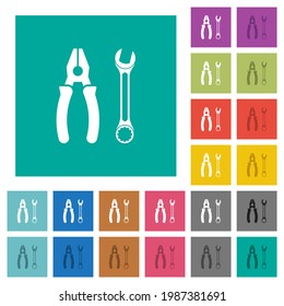 Combined pliers and wrench multi colored flat icons on plain square backgrounds. Included white and darker icon variations for hover or active effects.
