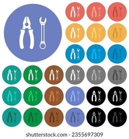 Alicates combinados e iconos planos de varios colores en los fondos redondos. Se incluyeron variaciones de iconos blancos, claros y oscuros para efectos de movimiento y estado activo, y tonos extra.