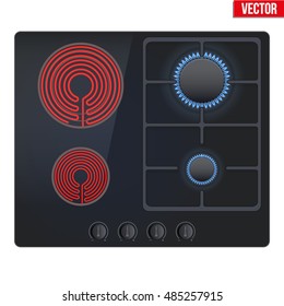 Combined stove gas and electric is on and with flame. Top view of dual combo stove. Domestic equipment. Editable Vector illustration Isolated on white background.