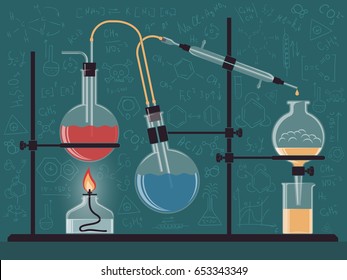 Combined structure of chemical instruments and flasks in the scientific laboratory. Vector color illustration. Possible reconfiguration.