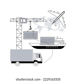 Combined transport abstract concept vector illustration. Intermodal multimodal transport, goods movement, truck delivery, plane shipping, freight train platform, found baggage abstract metaphor.